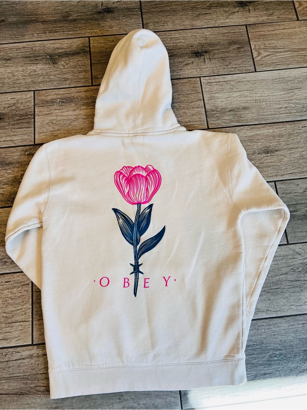 Obey Barbwire Flower Premium Fleece Hoodie In Unbleached White Unisex Medium M